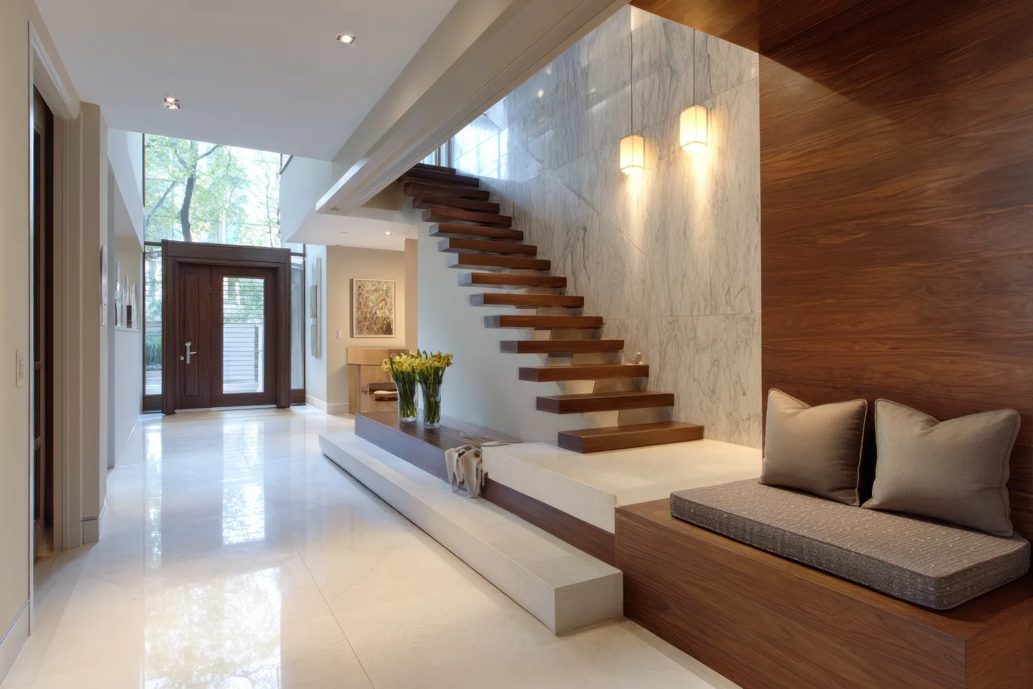 Max Pflughaupt - Hausmeisterservice - Modernes Foyer mit schwebender Treppe und eingebauter Sitzgelegenheit.
